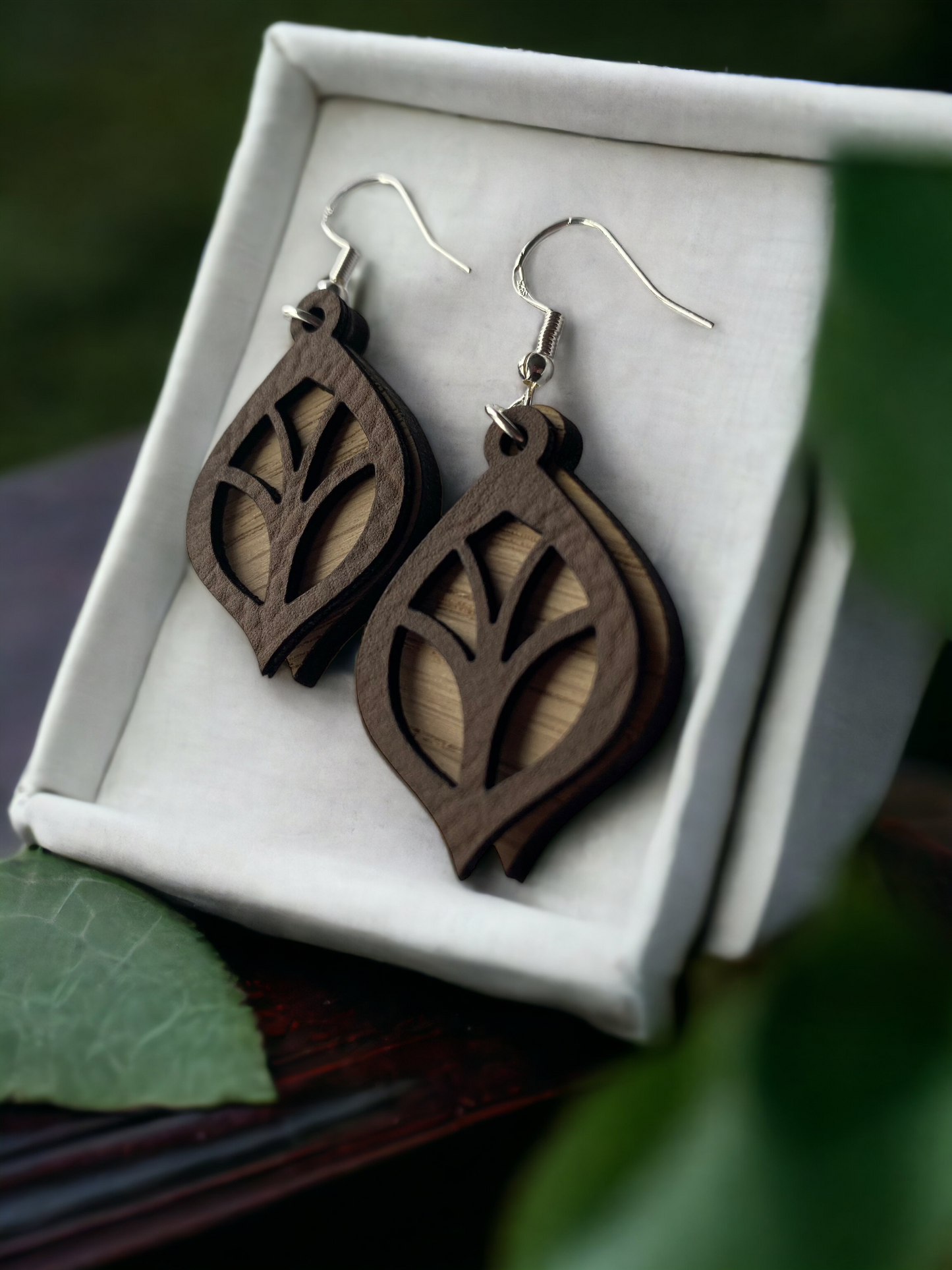 Leather and Wood Layered Earrings