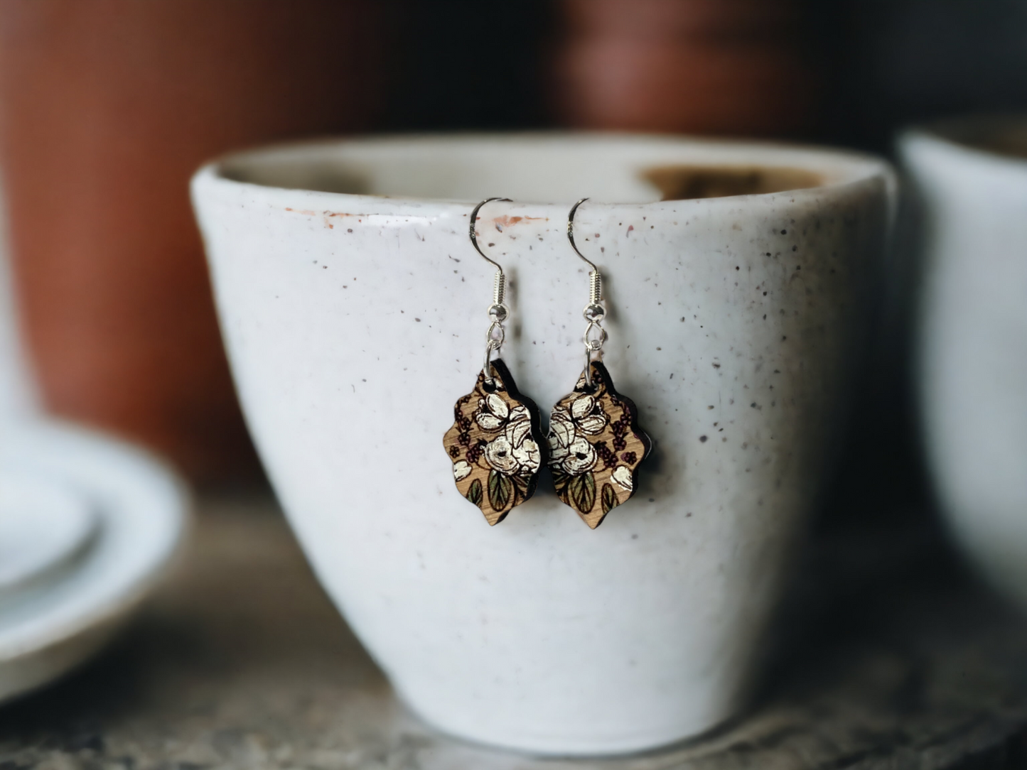 Small Hand Painted Floral Wooden Earrings