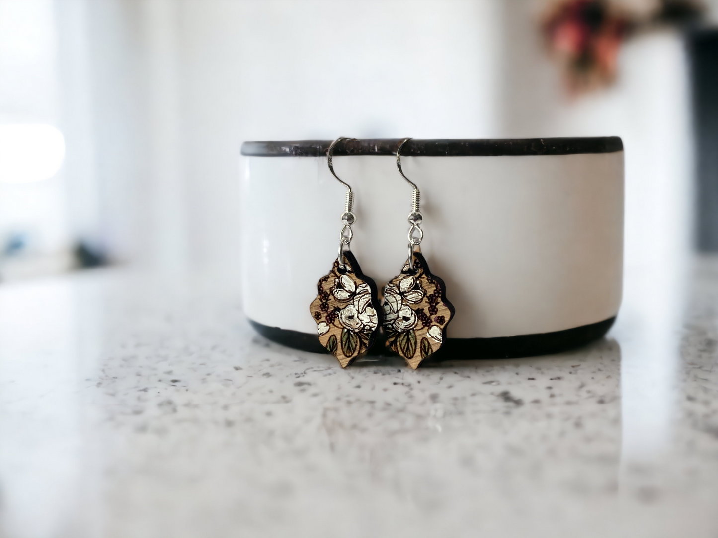 Small Hand Painted Floral Wooden Earrings