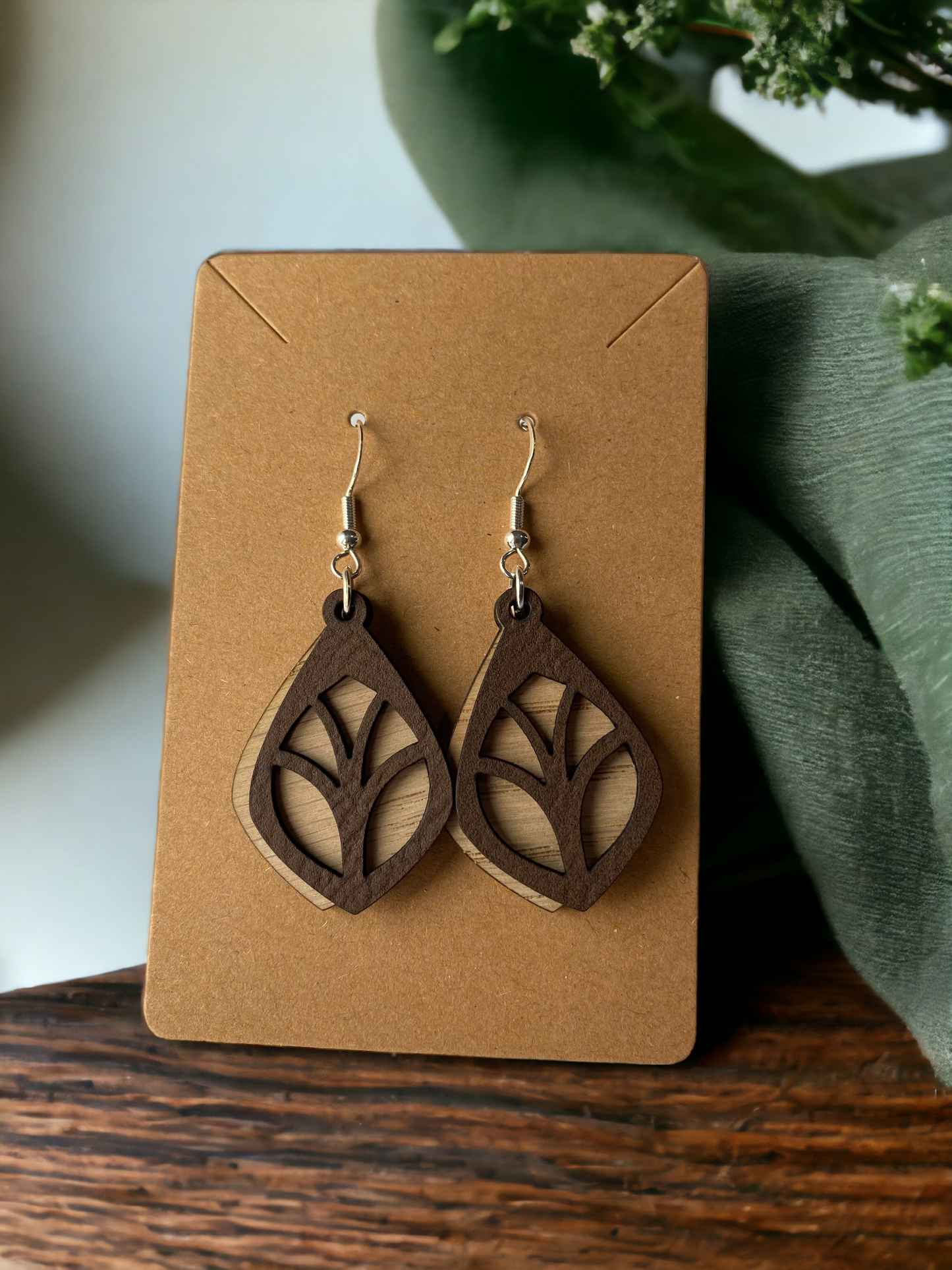 Leather and Wood Layered Earrings