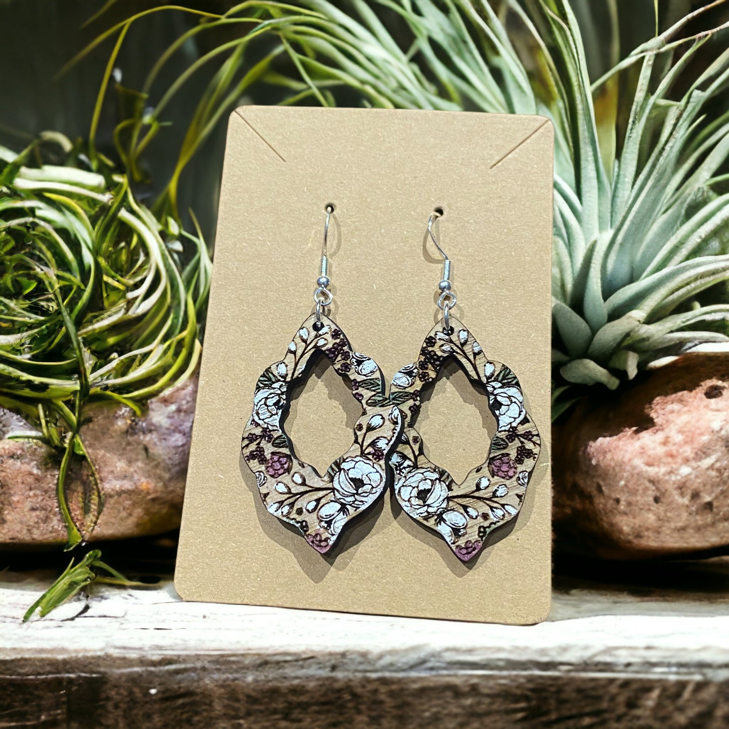 Hand Painted Floral Wooden Earrings