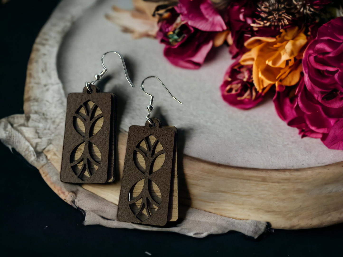 Leather and Wood Layered Earrings