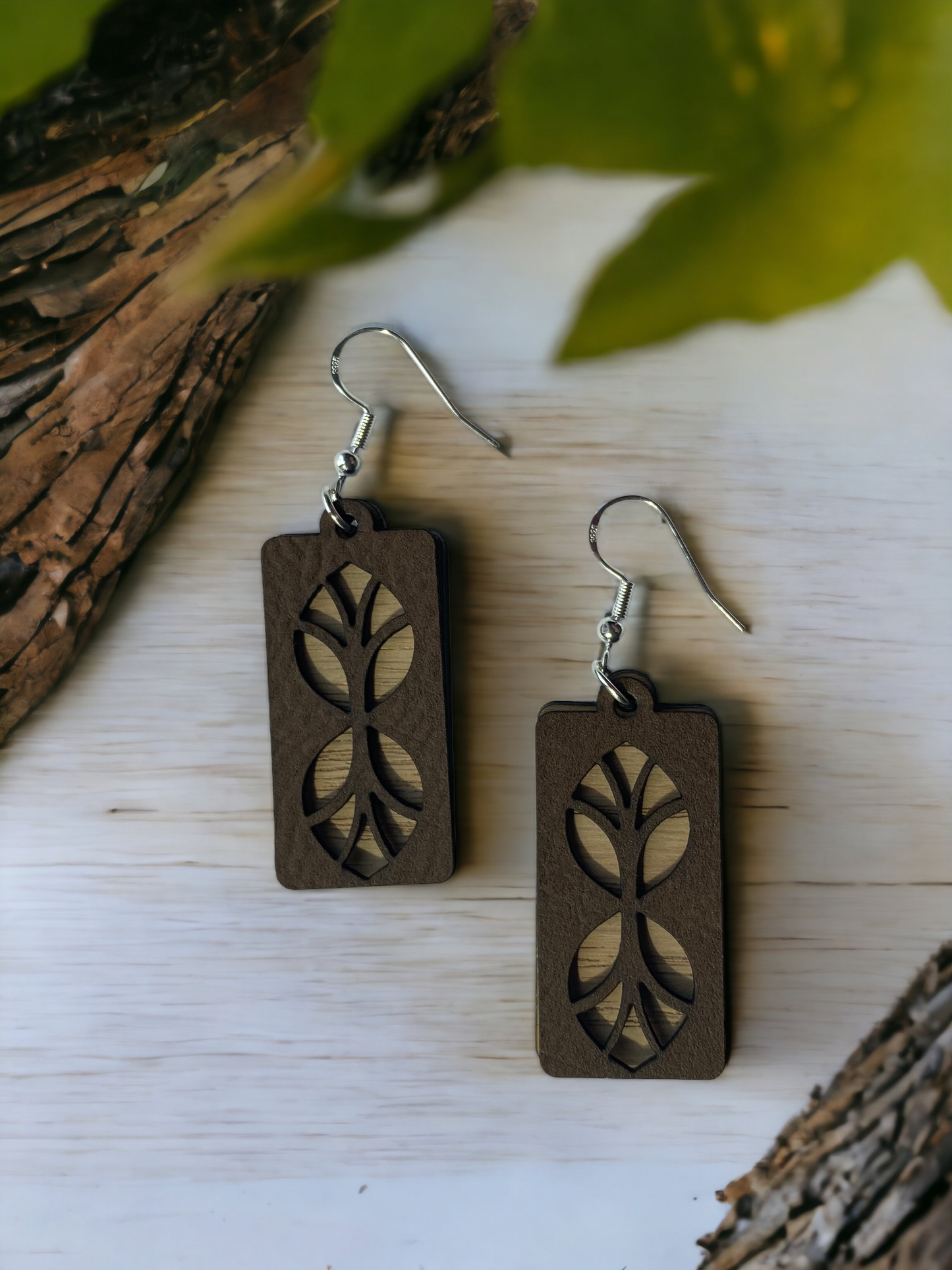 Leather and Wood Layered Earrings